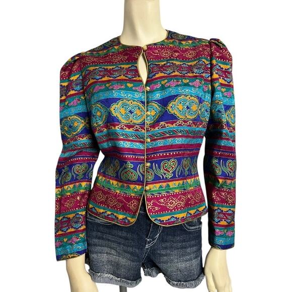 Maggy London Printed Puff Sleeve Jacket Silk Women's Size 4P Retro Vintage Y2K - Picture 1 of 6